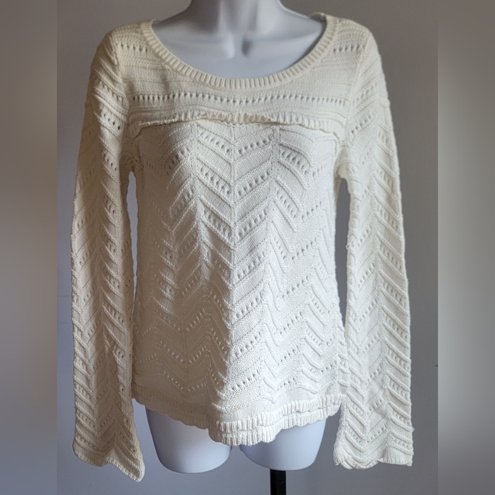White House Black Market Cream Crewneck Open Stitch Sweater (Minor Defect)